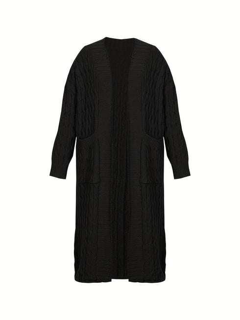 Plus Size Casual Cardigan, Women's Plus Cable Knitted Long Sleeve Open Front Medium Stretch Sweater Cardigan With Pockets