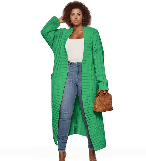 Plus Size Casual Cardigan, Women's Plus Cable Knitted Long Sleeve Open Front Medium Stretch Sweater Cardigan With Pockets