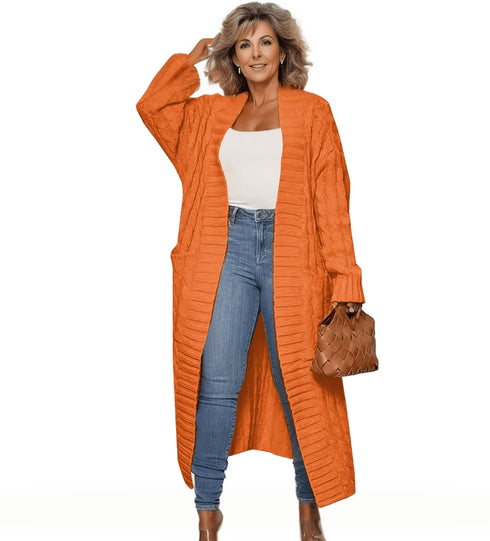 Plus Size Casual Cardigan, Women's Plus Cable Knitted Long Sleeve Open Front Medium Stretch Sweater Cardigan With Pockets