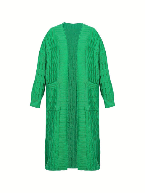 Plus Size Casual Cardigan, Women's Plus Cable Knitted Long Sleeve Open Front Medium Stretch Sweater Cardigan With Pockets