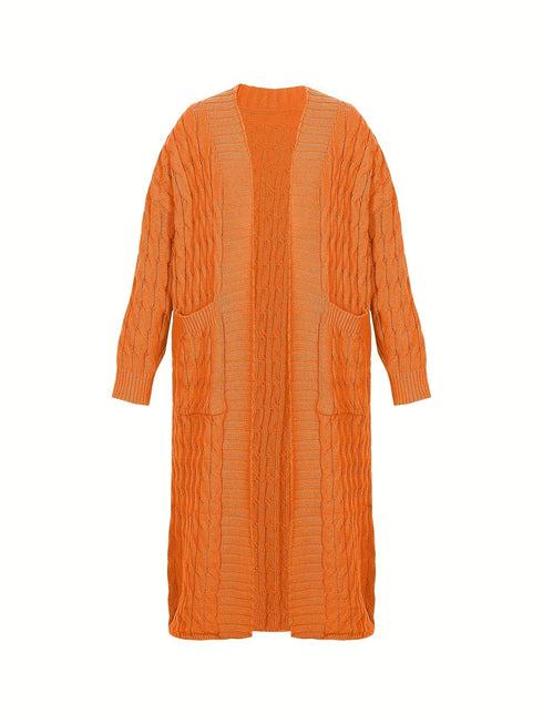 Plus Size Casual Cardigan, Women's Plus Cable Knitted Long Sleeve Open Front Medium Stretch Sweater Cardigan With Pockets