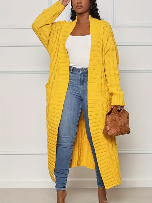Plus Size Casual Cardigan, Women's Plus Cable Knitted Long Sleeve Open Front Medium Stretch Sweater Cardigan With Pockets