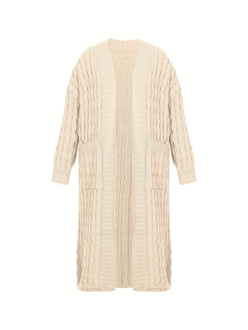 Plus Size Casual Cardigan, Women's Plus Cable Knitted Long Sleeve Open Front Medium Stretch Sweater Cardigan With Pockets