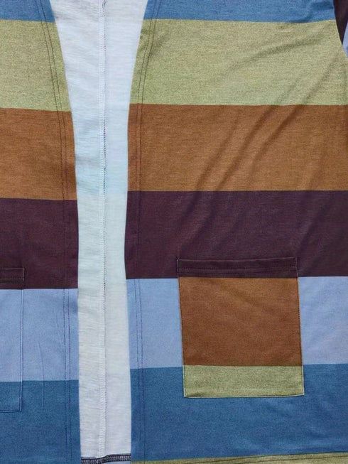 Plus Size Casual Cardigan, Women's Plus Colorblock Long Sleeve Open Front Cardigan With Pockets