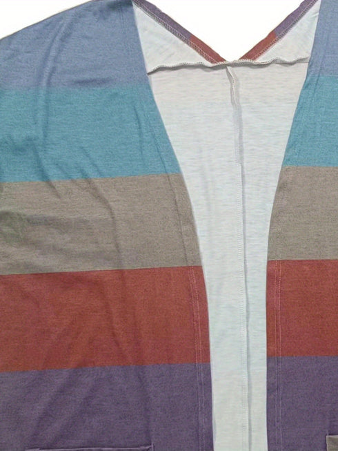 Plus Size Casual Cardigan, Women's Plus Colorblock Long Sleeve Open Front Cardigan With Pockets