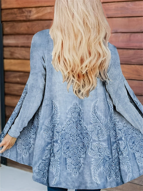 Plus Size Casual Cardigan, Women's Plus Letter Print Long Sleeve Open Front Cardigan