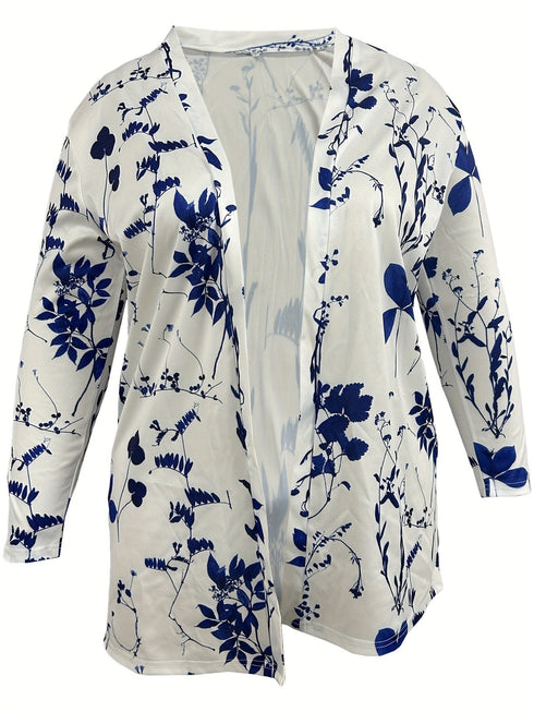 Plus Size Casual Cardigan, Women's Plus Letter Print Long Sleeve Open Front Cardigan