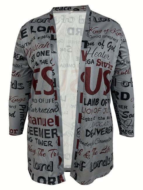 Plus Size Casual Cardigan, Women's Plus Letter Print Long Sleeve Open Front Cardigan