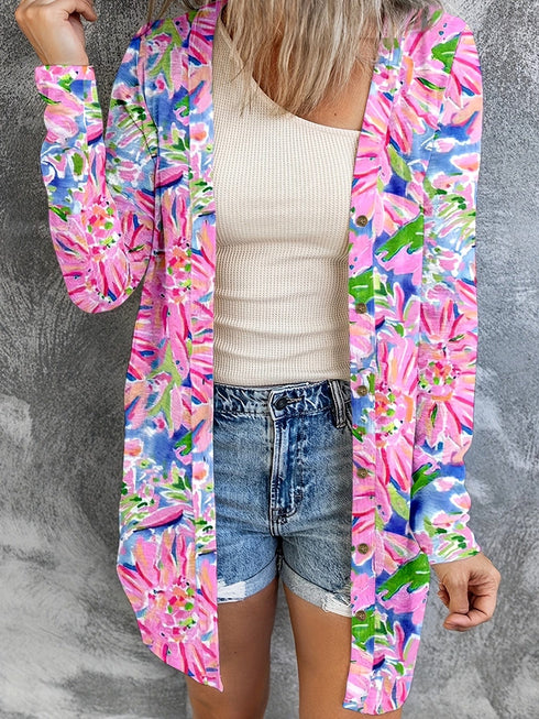 Plus Size Casual Cardigan, Women's Plus Solid Round Neck Button Up Long Sleeve Cardigan