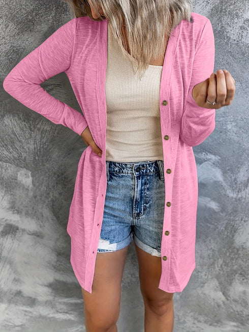 Plus Size Casual Cardigan, Women's Plus Solid Round Neck Button Up Long Sleeve Cardigan