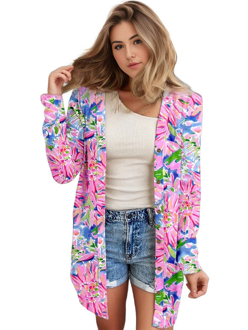 Plus Size Casual Cardigan, Women's Plus Solid Round Neck Button Up Long Sleeve Cardigan