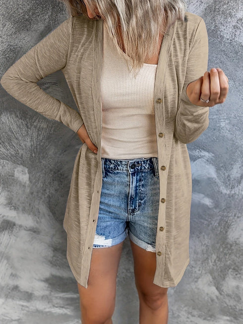 Plus Size Casual Cardigan, Women's Plus Solid Round Neck Button Up Long Sleeve Cardigan