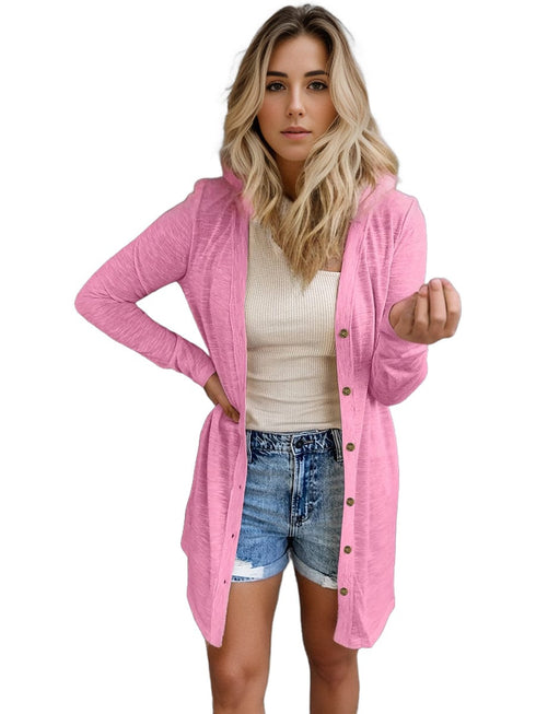 Plus Size Casual Cardigan, Women's Plus Solid Round Neck Button Up Long Sleeve Cardigan