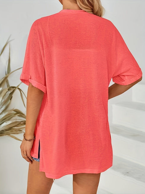 Plus Size Casual Cardigan, Women's Plus Solid Short Sleeve Open Front Slight Stretch Cardigan