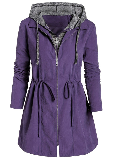 Plus Size Casual Coat, Women's Plus Colorblock Double Zip Up Long Sleeve Drawstring Nipped Waist Ruched Hooded Coat