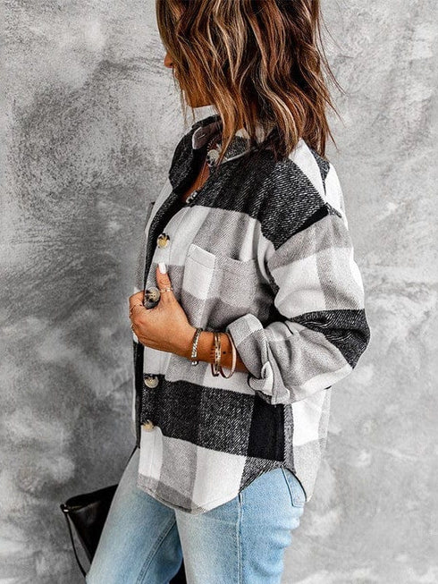 Plus Size Casual Coat, Women's Plus Plaid Print Long Sleeve Lapel Collar Button Up Shacket Jacket