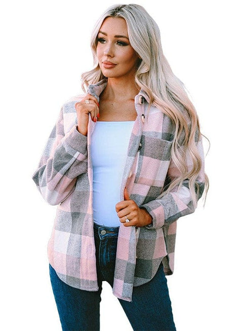 Plus Size Casual Coat, Women's Plus Plaid Print Long Sleeve Lapel Collar Button Up Shacket Jacket