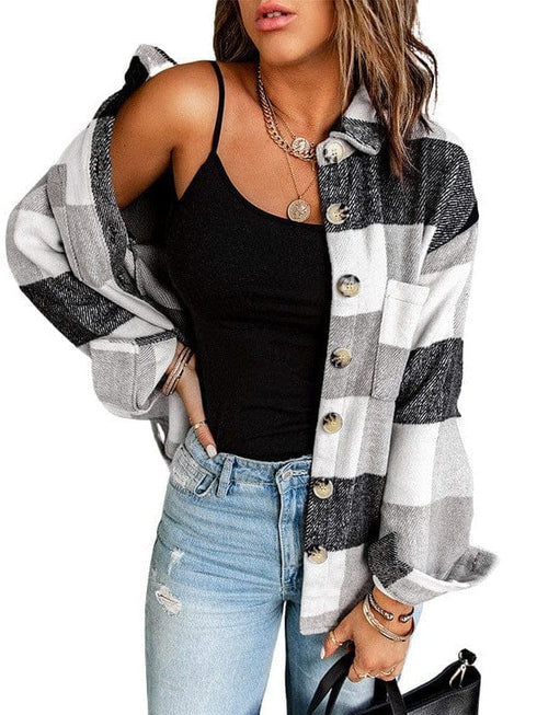 Plus Size Casual Coat, Women's Plus Plaid Print Long Sleeve Lapel Collar Button Up Shacket Jacket