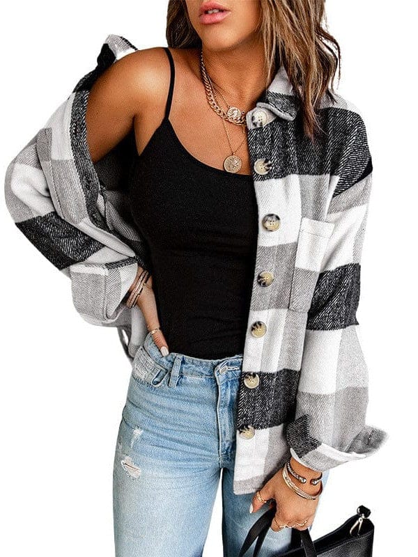 Plus Size Casual Coat, Women's Plus Plaid Print Long Sleeve Lapel Collar Button Up Shacket Jacket