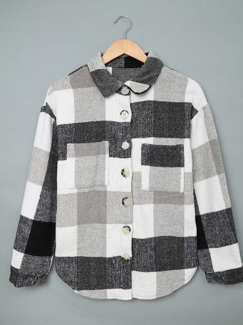 Plus Size Casual Coat, Women's Plus Plaid Print Long Sleeve Lapel Collar Button Up Shacket Jacket