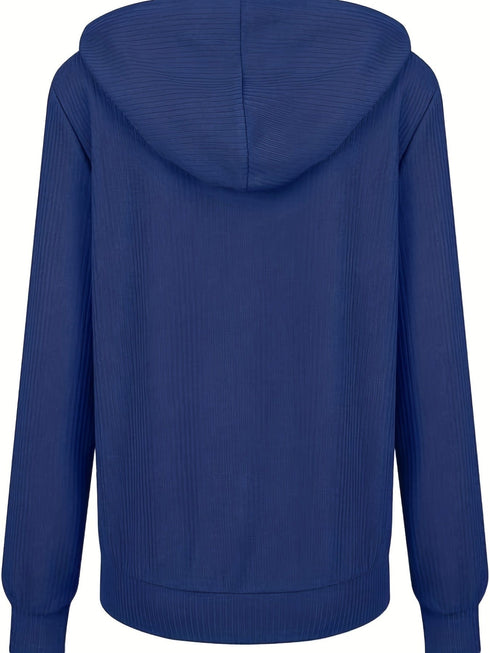 Plus Size Casual Coat, Women's Plus Solid Ribbed Zip Up Long Sleeve Drawstring Hoodie Sweater