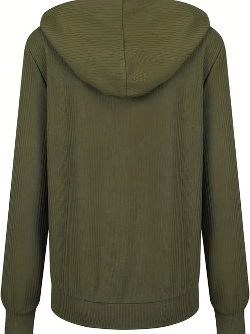 Plus Size Casual Coat, Women's Plus Solid Ribbed Zip Up Long Sleeve Drawstring Hoodie Sweater