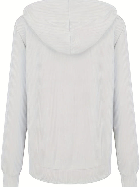 Plus Size Casual Coat, Women's Plus Solid Ribbed Zip Up Long Sleeve Drawstring Hoodie Sweater