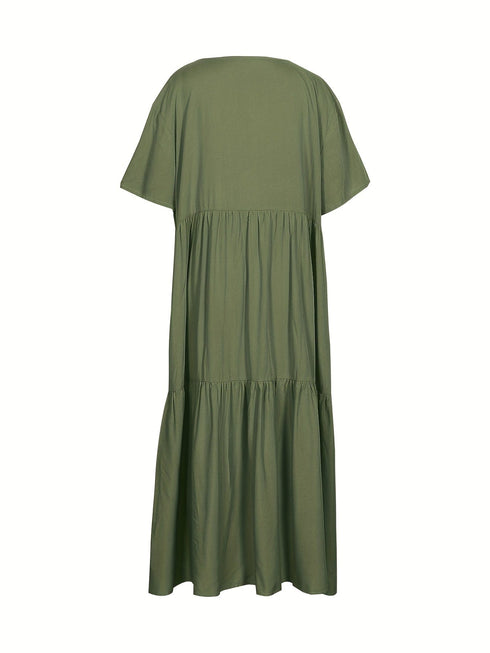 Plus Size Casual Dress, Women's Plus Solid V Neck Short Sleeve Ruffle Trim Smock Dress