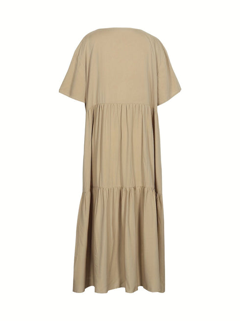 Plus Size Casual Dress, Women's Plus Solid V Neck Short Sleeve Ruffle Trim Smock Dress