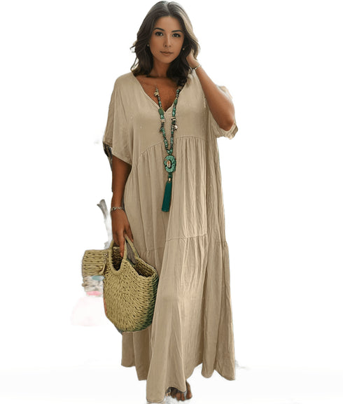 Plus Size Casual Dress, Women's Plus Solid V Neck Short Sleeve Ruffle Trim Smock Dress