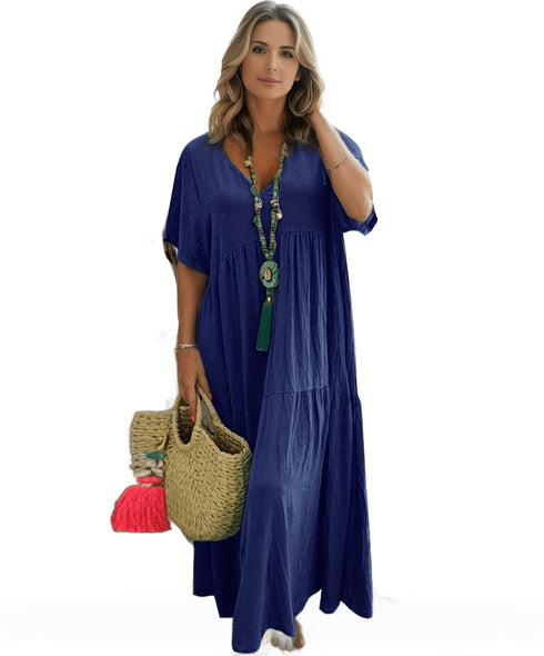 Plus Size Casual Dress, Women's Plus Solid V Neck Short Sleeve Ruffle Trim Smock Dress