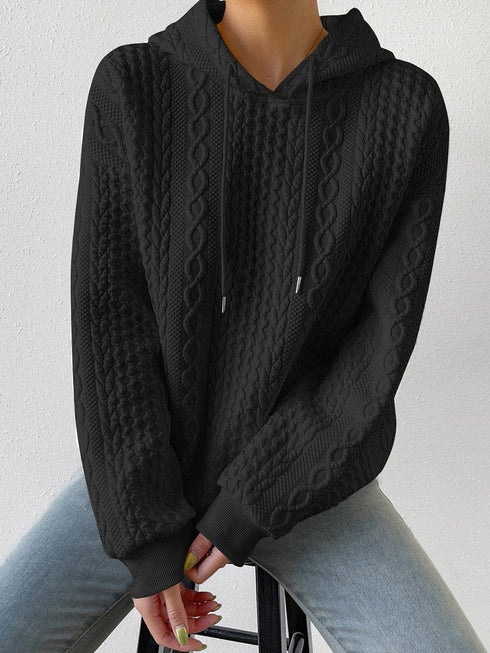 Plus Size Casual Hoodie, Women's Plus Solid Ribbed Long Sleeve Slight Stretch Hoodie Drawstring Sweatshirt