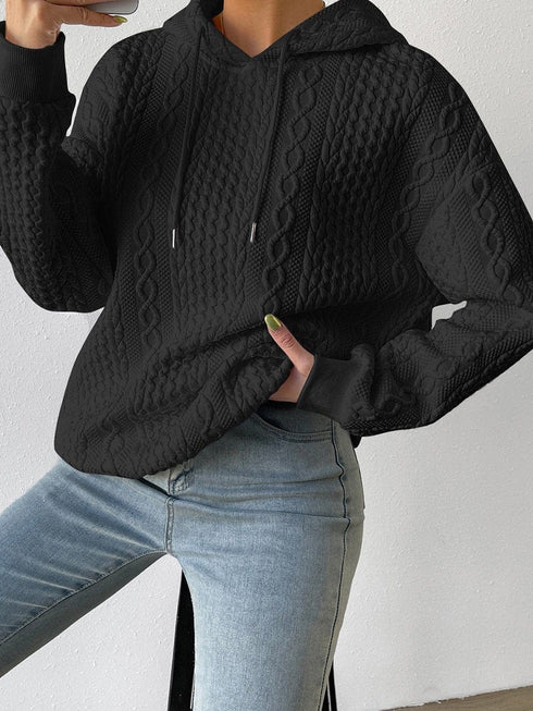 Plus Size Casual Hoodie, Women's Plus Solid Ribbed Long Sleeve Slight Stretch Hoodie Drawstring Sweatshirt