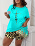 Plus Size Casual Pajama Two Piece Set, Women's Plus Leopard Heart Print Short Sleeve Tee & Shorts Pajama 2 Piece Set