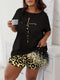 Plus Size Casual Pajama Two Piece Set, Women's Plus Leopard Heart Print Short Sleeve Tee & Shorts Pajama 2 Piece Set