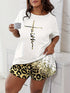 Plus Size Casual Pajama Two Piece Set, Women's Plus Leopard Heart Print Short Sleeve Tee & Shorts Pajama 2 Piece Set