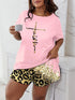 Plus Size Casual Pajama Two Piece Set, Women's Plus Leopard Heart Print Short Sleeve Tee & Shorts Pajama 2 Piece Set