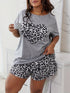 Plus Size Casual Pajama Two Piece Set, Women's Plus Leopard Heart Print Short Sleeve Tee & Shorts Pajama 2 Piece Set