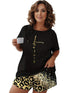 Plus Size Casual Pajama Two Piece Set, Women's Plus Leopard Heart Print Short Sleeve Tee & Shorts Pajama 2 Piece Set
