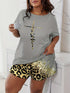 Plus Size Casual Pajama Two Piece Set, Women's Plus Leopard Heart Print Short Sleeve Tee & Shorts Pajama 2 Piece Set