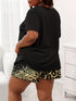 Plus Size Casual Pajama Two Piece Set, Women's Plus Leopard Heart Print Short Sleeve Tee & Shorts Pajama 2 Piece Set