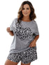 Plus Size Casual Pajama Two Piece Set, Women's Plus Leopard Heart Print Short Sleeve Tee & Shorts Pajama 2 Piece Set