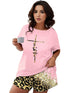 Plus Size Casual Pajama Two Piece Set, Women's Plus Leopard Heart Print Short Sleeve Tee & Shorts Pajama 2 Piece Set