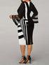 Plus Size Casual Party Dress, Women's Plus Colorblock Stripe Print Contrast Mesh Bell Sleeve V Neck Medium Stretch Midi Slim Fit Dress