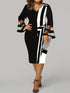 Plus Size Casual Party Dress, Women's Plus Colorblock Stripe Print Contrast Mesh Bell Sleeve V Neck Medium Stretch Midi Slim Fit Dress