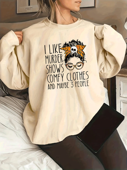 Plus Size Casual Sweatshirt, Women's Plus Cartoon Figure & Slogan Print Long Sleeve Crew Neck Slight Stretch Pullover Sweatshirt, Casual Tops For Fall & Winter, Plus Size Women's Clothing