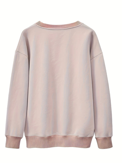 Plus Size Casual Sweatshirt, Women's Plus Cartoon Figure & Slogan Print Long Sleeve Crew Neck Slight Stretch Pullover Sweatshirt, Casual Tops For Fall & Winter, Plus Size Women's Clothing