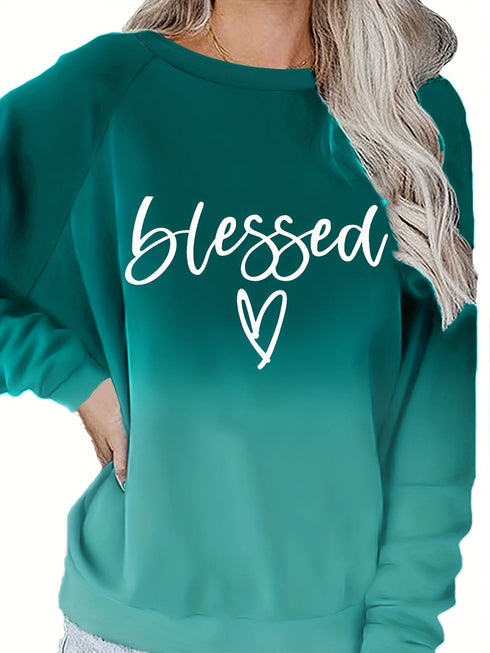Plus Size Casual Sweatshirt, Women's Plus Ombre & Letter & Heart Print Raglan Sleeve Round Neck Slight Stretch Pullover Sweatshirt