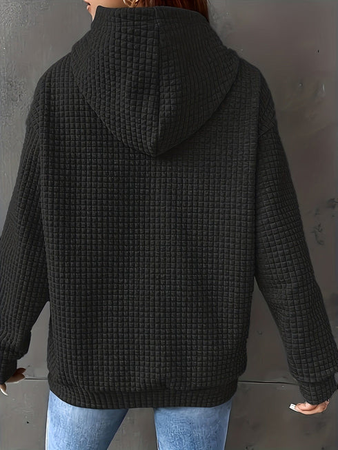 Plus Size Casual Sweatshirt, Women's Plus Solid Waffle Long Sleeve Drawstring Hooded Pullover Sweatshirt With Kangaroo Pockets, Casual Tops For Fall & Winter, Women's Clothing