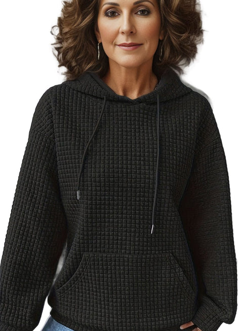 Plus Size Casual Sweatshirt, Women's Plus Solid Waffle Long Sleeve Drawstring Hooded Pullover Sweatshirt With Kangaroo Pockets, Casual Tops For Fall & Winter, Women's Clothing